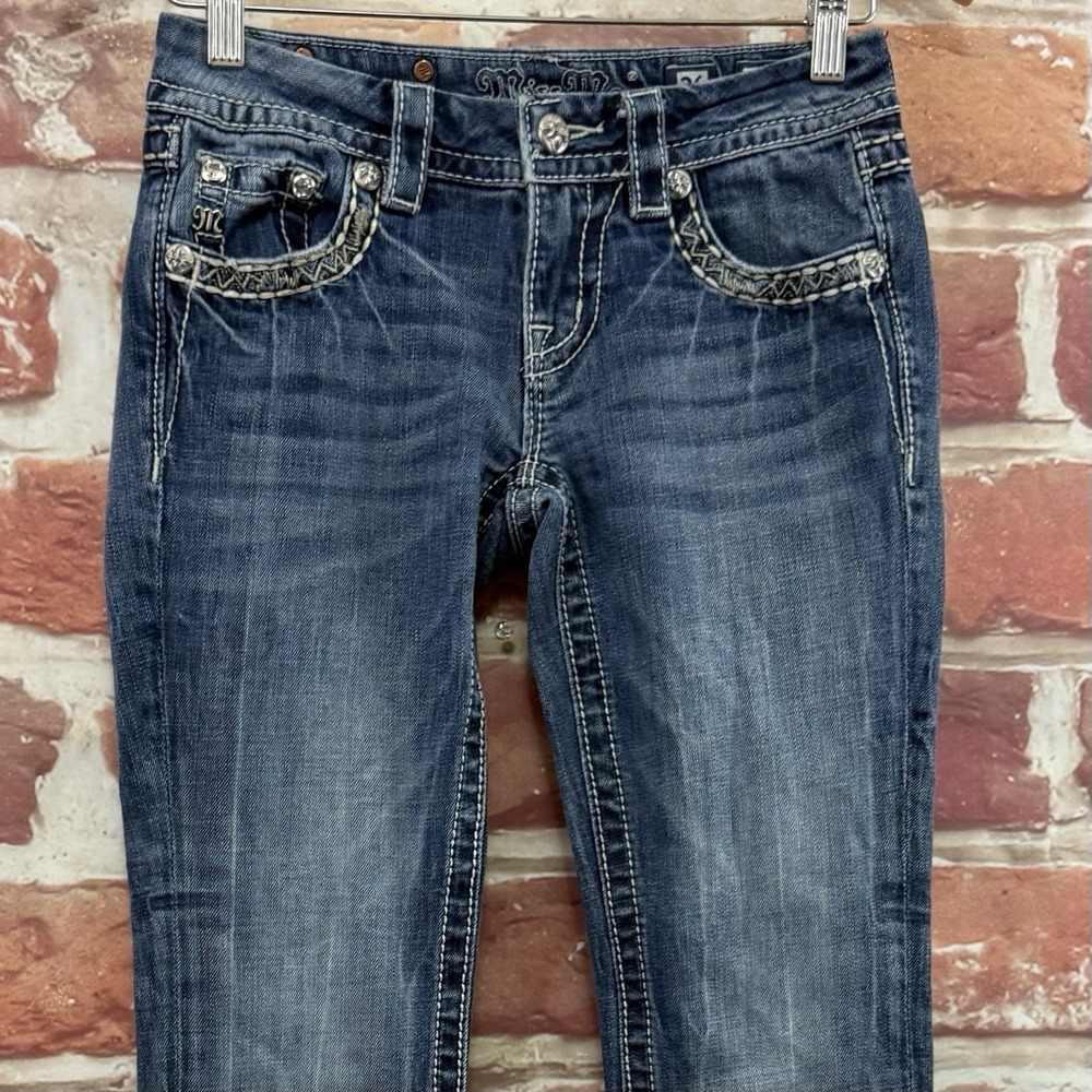 Miss Me Slim Bootcut Jeans Women's 26 Blue Fleur De Lis Rhinestone Denim Pants - Picture 3 of 10